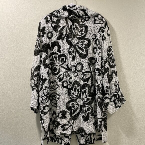 MULTIPLES Button Front Tunic/Lightweight Coat Sheer Long Sleeve, White/Black-XL - Picture 2 of 9